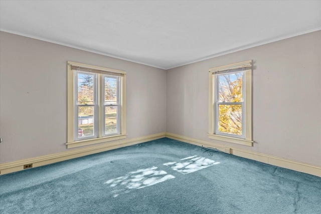 carpeted spare room with crown molding and a healthy amount of sunlight