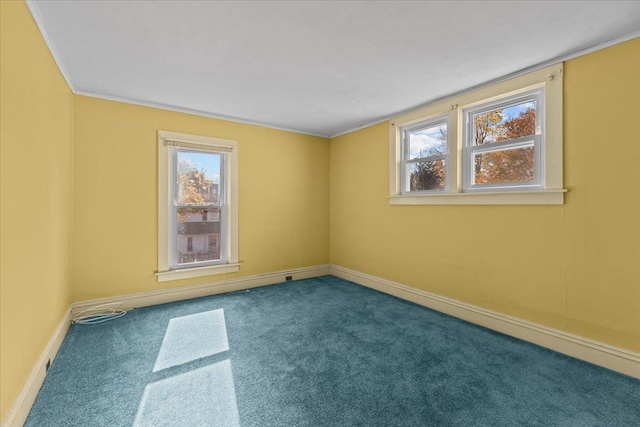 empty room with a wealth of natural light, crown molding, and carpet floors