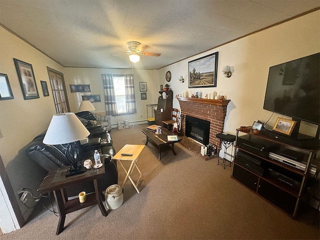 living room featuring carpet, ceiling fan, a brick fireplace, baseboard heating, and crown molding