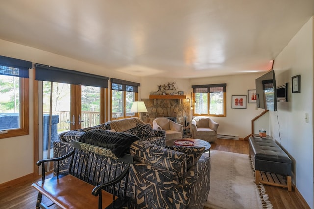 living room featuring plenty of natural light, wood-type flooring, and a baseboard radiator