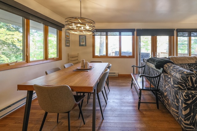 109 Upper Loop, Ludlow, VT 05149 - dining space with baseboard heating, dark wood finished floors, a chandelier, a baseboard radiator, and baseboards