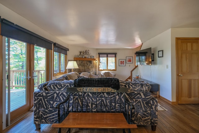 bedroom featuring multiple windows, hardwood / wood-style floors, and access to exterior