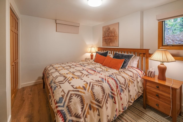 bedroom with wood-type flooring and a closet