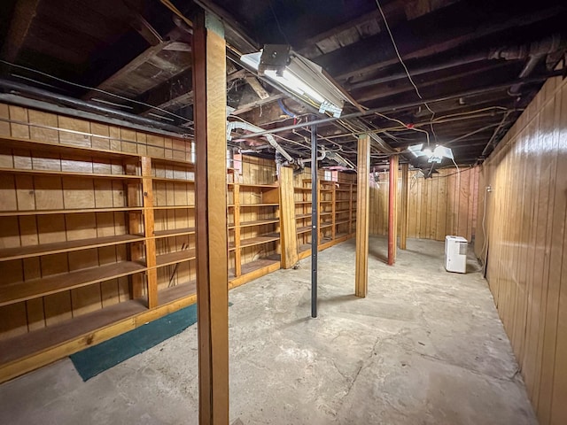 basement featuring wood walls