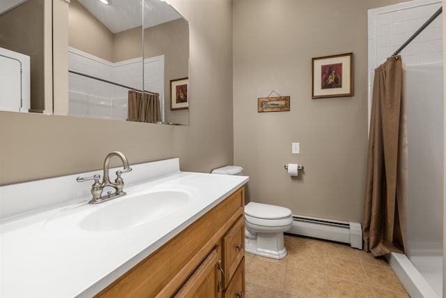 bathroom with toilet, a baseboard heating unit, walk in shower, and vanity