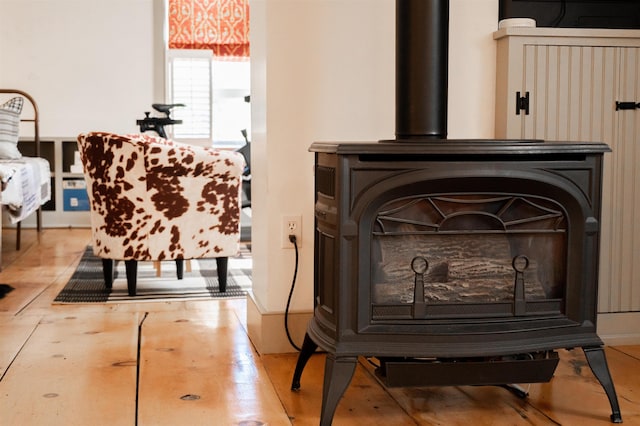 interior details featuring a wood stove