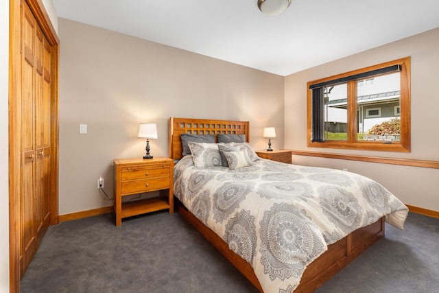 bedroom featuring dark carpet and a closet