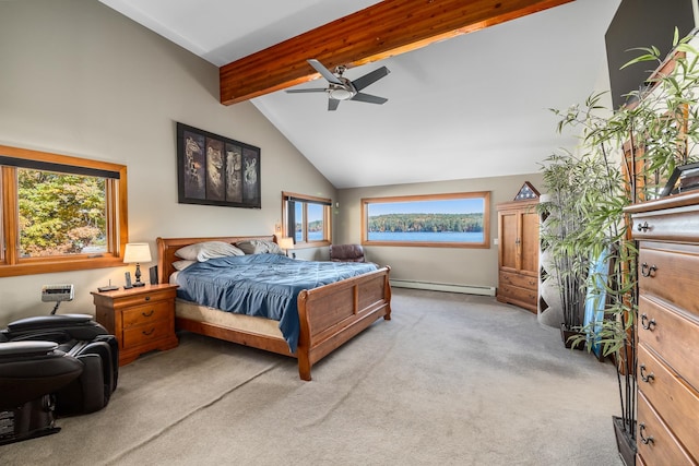 carpeted bedroom featuring beam ceiling, high vaulted ceiling, baseboard heating, and ceiling fan