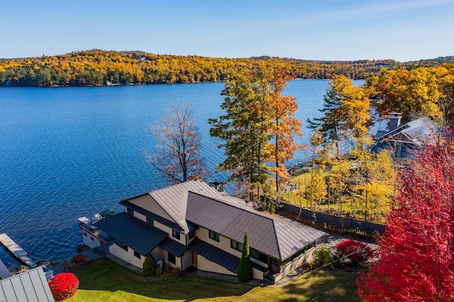 dock area with a lawn and a water view