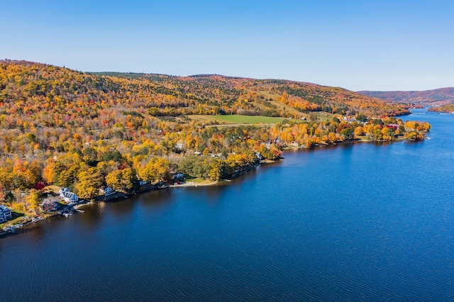 drone / aerial view with a water and mountain view