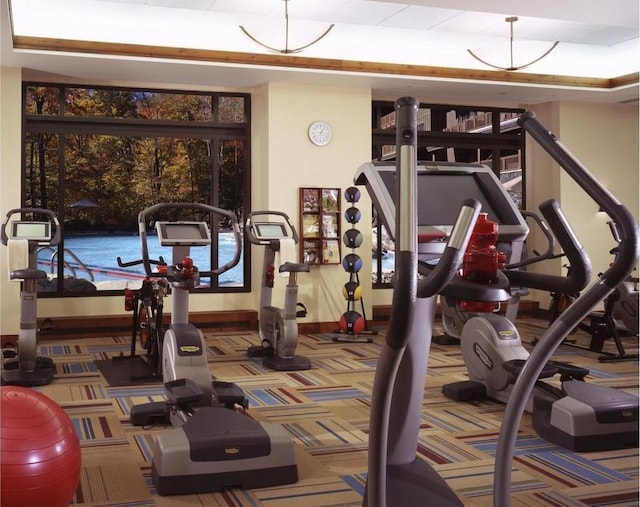 workout area with carpet floors and a raised ceiling