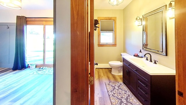 bathroom featuring vanity, toilet, and hardwood / wood-style flooring