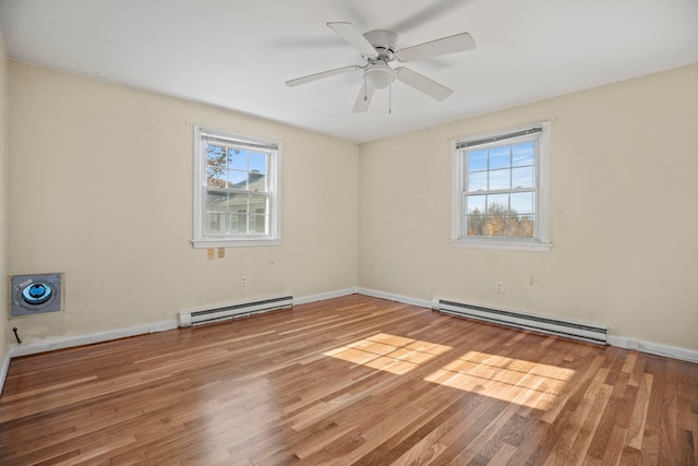 spare room featuring hardwood / wood-style flooring, a baseboard radiator, and plenty of natural light