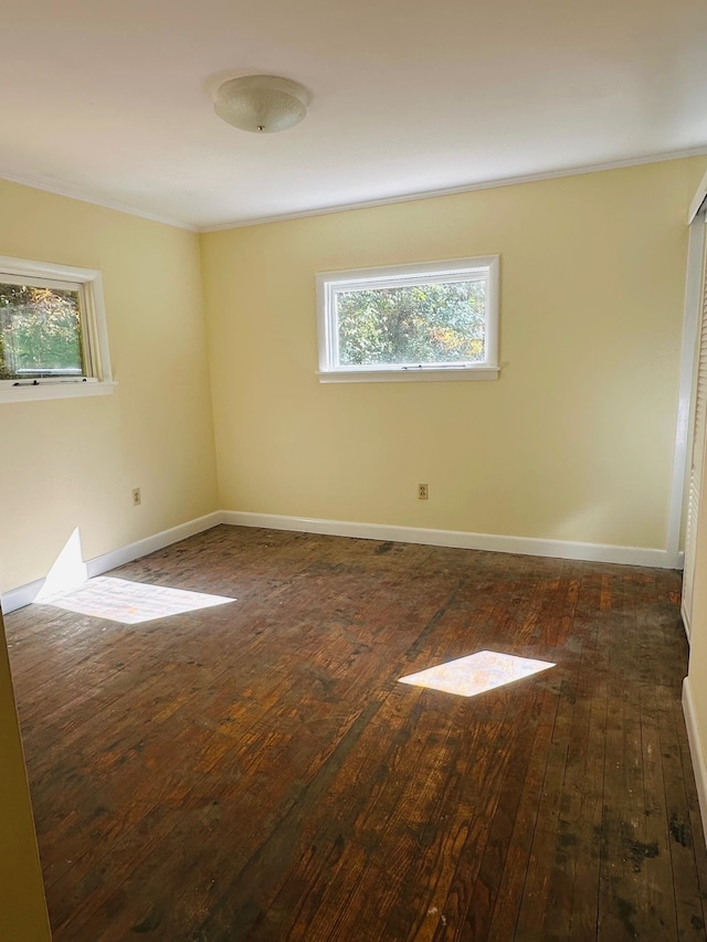 spare room featuring a wealth of natural light and dark hardwood / wood-style floors