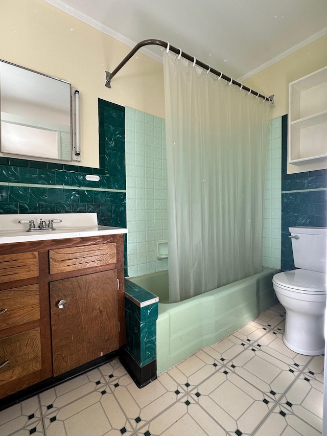 full bathroom with shower / bathtub combination with curtain, toilet, vanity, tile walls, and ornamental molding