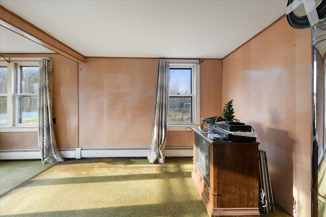 interior space featuring baseboard heating and dark colored carpet