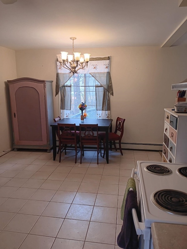 dining room featuring a baseboard radiator, a notable chandelier, and light tile patterned floors