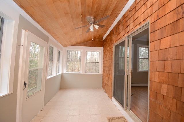 unfurnished sunroom with baseboard heating, lofted ceiling, wood ceiling, and ceiling fan