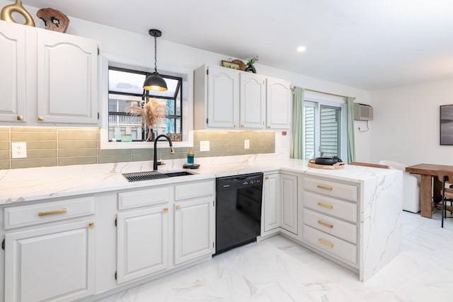 kitchen featuring decorative backsplash, dishwasher, kitchen peninsula, sink, and white cabinets