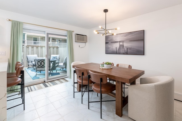 dining space with a notable chandelier, a wall mounted AC, light tile patterned floors, and a wealth of natural light