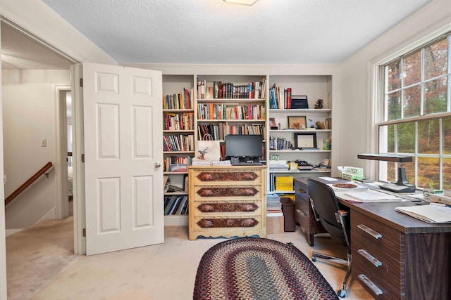 carpeted home office featuring a textured ceiling and a healthy amount of sunlight