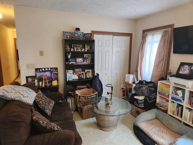 living area with a textured ceiling