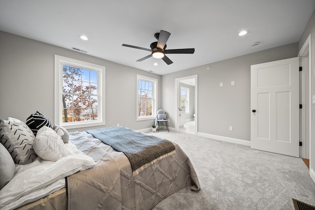 bedroom featuring carpet flooring and ceiling fan