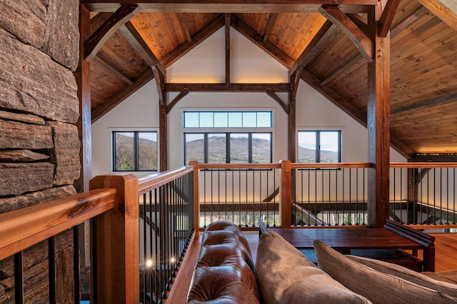 unfurnished living room featuring beam ceiling, wood-type flooring, and wooden ceiling