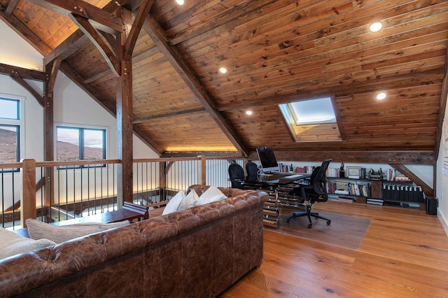 living room featuring wood ceiling, hardwood / wood-style flooring, high vaulted ceiling, and beam ceiling