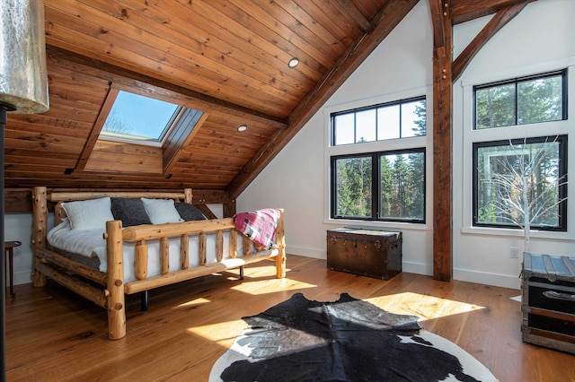 bedroom featuring a skylight, wooden ceiling, beamed ceiling, high vaulted ceiling, and light hardwood / wood-style flooring