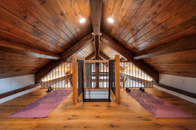 bonus room with lofted ceiling with beams, wood ceiling, and wood-type flooring