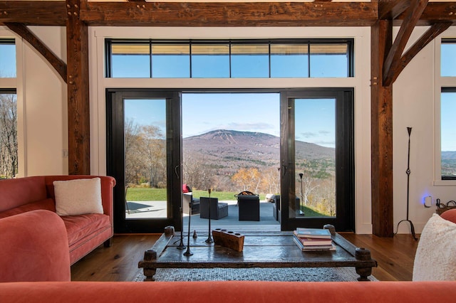 living room featuring a mountain view, a healthy amount of sunlight, beamed ceiling, and dark hardwood / wood-style flooring