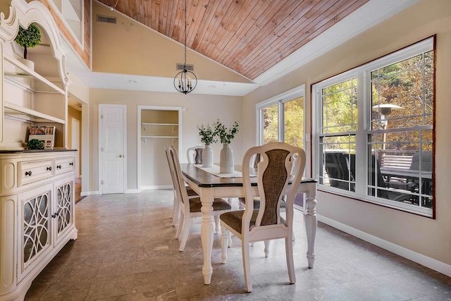 dining space with wood ceiling, high vaulted ceiling, and a notable chandelier