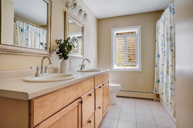 bathroom with a baseboard heating unit, toilet, tile patterned floors, walk in shower, and vanity