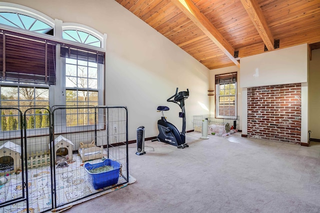 workout room with light carpet and wood ceiling