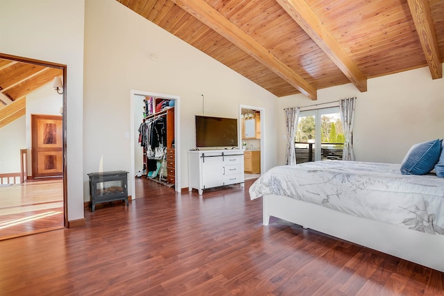 bedroom with dark wood-type flooring, wood ceiling, beamed ceiling, and a wood stove