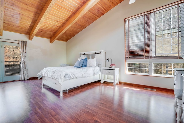 bedroom with ceiling fan, lofted ceiling with beams, wood ceiling, and dark hardwood / wood-style flooring