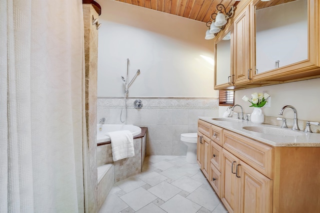 bathroom featuring wood ceiling, toilet, vanity, a bathing tub, and tile walls