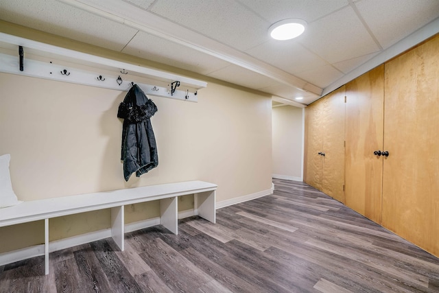 mudroom with hardwood / wood-style floors and a paneled ceiling