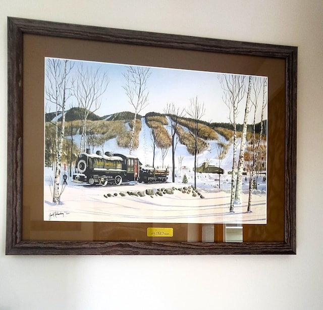 room details featuring ornamental molding and a mountain view