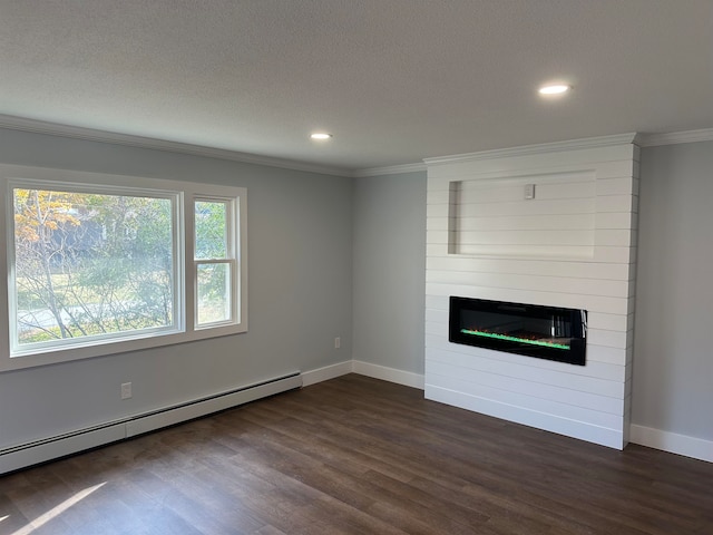 unfurnished living room featuring a fireplace, a baseboard radiator, dark wood-type flooring, and a textured ceiling