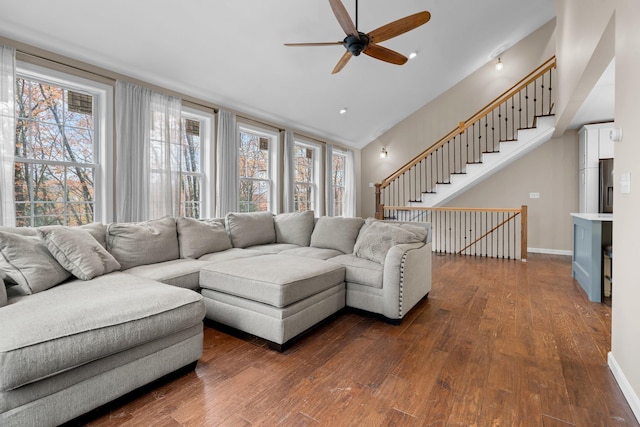 155 E Shore Dr, Weare, NH 03281 - living room featuring ceiling fan, dark wood-style floors, vaulted ceiling, and baseboards