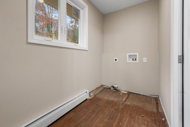 155 E Shore Dr, Weare, NH 03281 - washroom featuring a baseboard heating unit, dark wood-style floors, hookup for a washing machine, electric dryer hookup, and baseboards