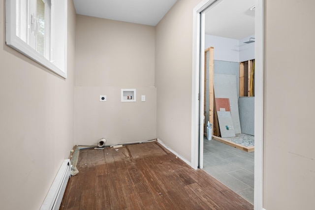155 E Shore Dr, Weare, NH 03281 - laundry room with electric dryer hookup, washer hookup, hardwood / wood-style floors, and a baseboard radiator