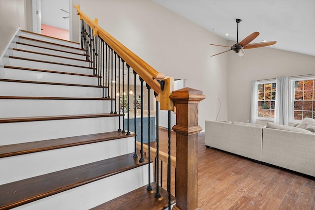 155 E Shore Dr, Weare, NH 03281 - staircase with wood finished floors, ceiling fan, high vaulted ceiling, and recessed lighting