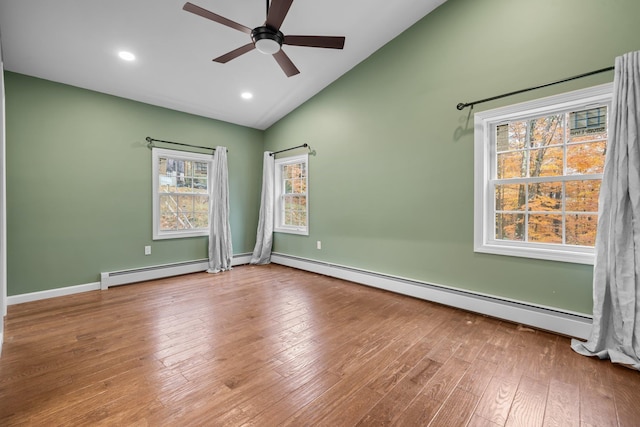 155 E Shore Dr, Weare, NH 03281 - empty room featuring baseboard heating, a ceiling fan, plenty of natural light, high vaulted ceiling, and recessed lighting