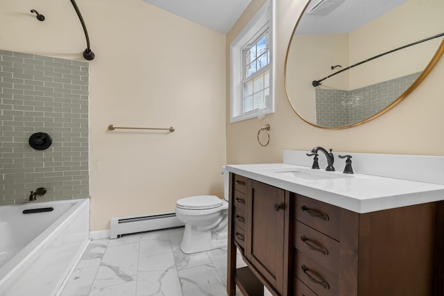 155 E Shore Dr, Weare, NH 03281 - bathroom with a baseboard heating unit, marble finish floors, toilet, vanity, and tub / shower combination