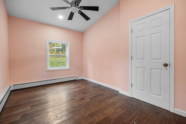 155 E Shore Dr, Weare, NH 03281 - unfurnished room featuring a baseboard heating unit, dark wood finished floors, ceiling fan, baseboards, and recessed lighting