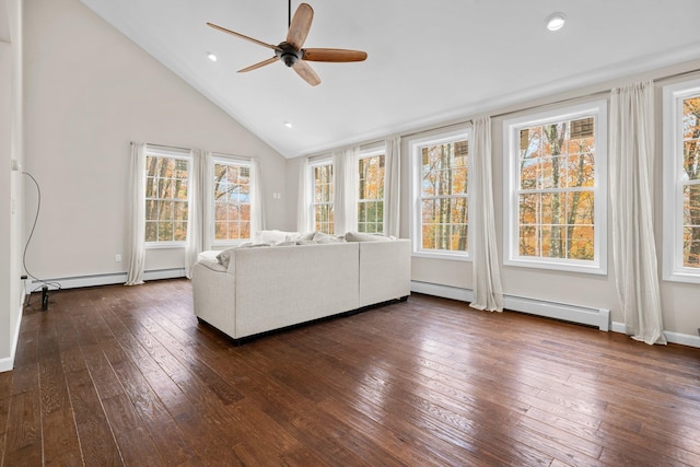 155 E Shore Dr, Weare, NH 03281 - living area featuring ceiling fan, dark wood-style flooring, baseboard heating, high vaulted ceiling, and a baseboard heating unit