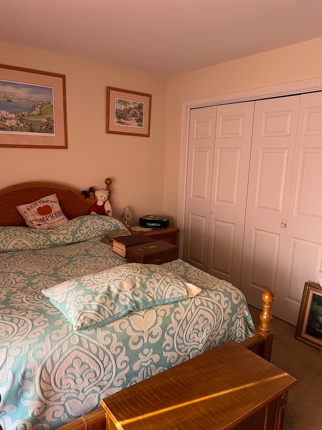 bedroom with dark colored carpet and a closet